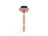 Rose gold Emerald Cut Blue Sapphire Scalloped Halo Engagement Ring with Round Shared Prong Band_26