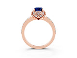 Rose gold Emerald Cut Blue Sapphire Scalloped Halo Engagement Ring with Round Shared Prong Band_27
