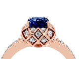 Rose gold Emerald Cut Blue Sapphire Scalloped Halo Engagement Ring with Round Shared Prong Band_28
