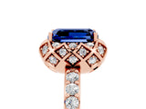 Rose gold Emerald Cut Blue Sapphire Scalloped Halo Engagement Ring with Round Shared Prong Band_29