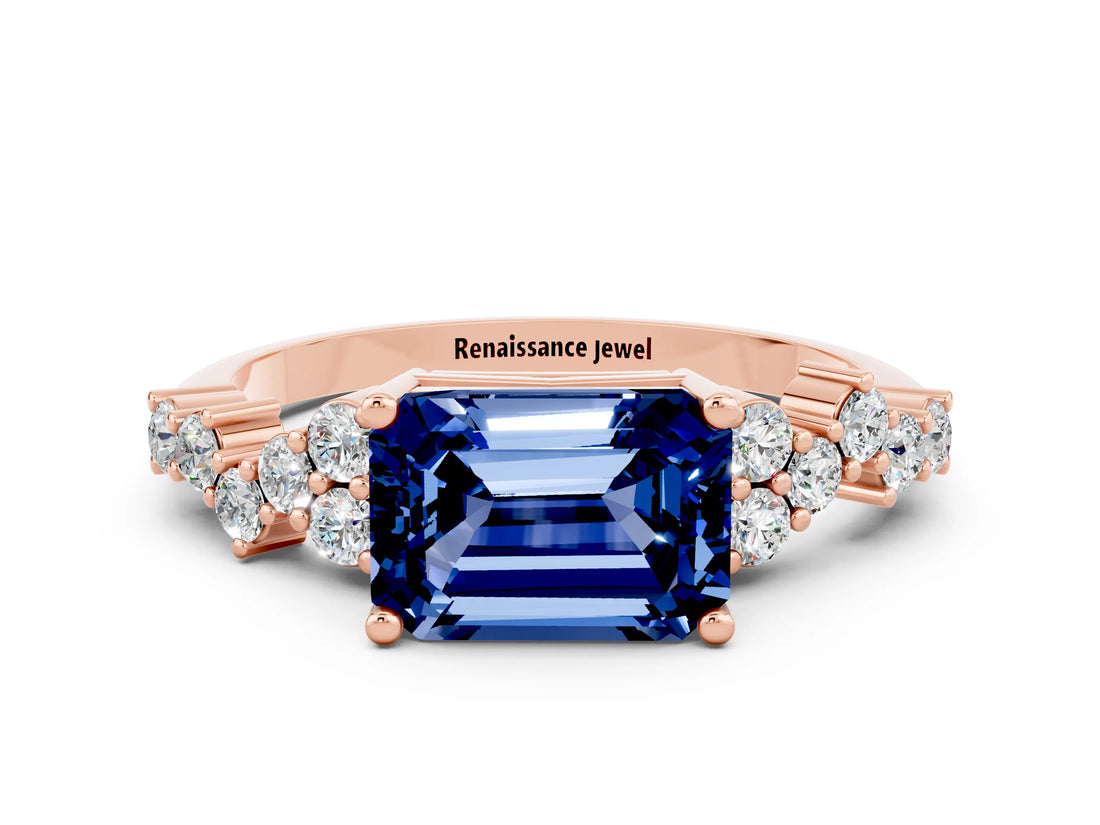 Rose gold Emerald Cut Blue Sapphire Scattered Round Accent Ring with Prong Setting_12