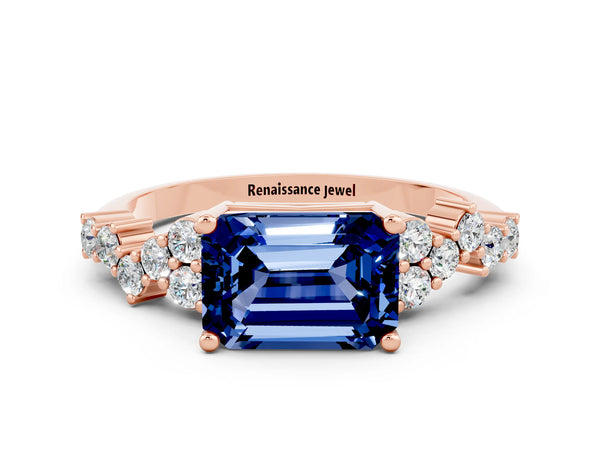 Rose gold Emerald Cut Blue Sapphire Scattered Round Accent Ring with Prong Setting