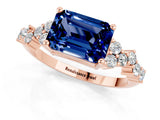 Rose gold Emerald Cut Blue Sapphire Scattered Round Accent Ring with Prong Setting_13