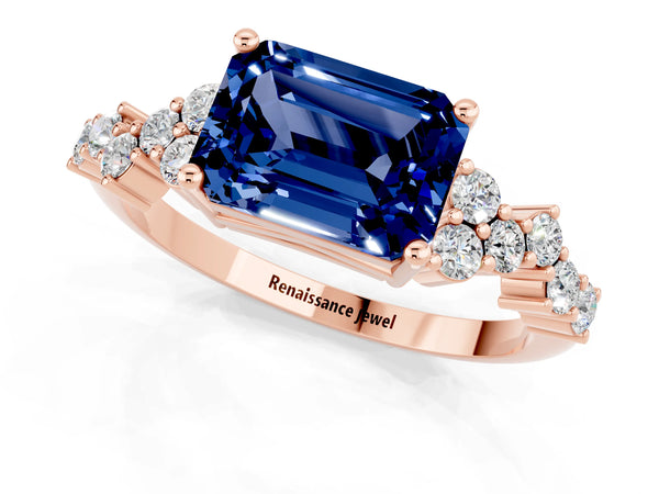 Rose gold Emerald Cut Blue Sapphire Scattered Round Accent Ring with Prong Setting