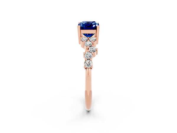 Rose gold Emerald Cut Blue Sapphire Scattered Round Accent Ring with Prong Setting