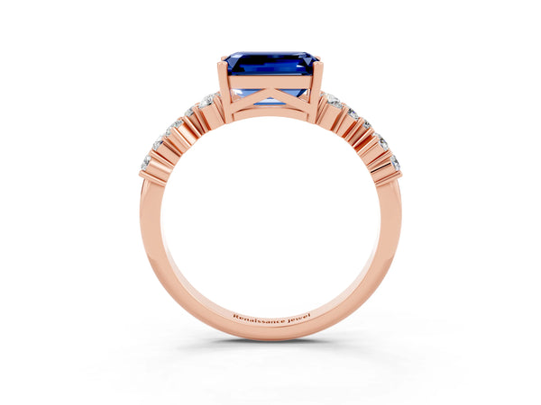 Rose gold Emerald Cut Blue Sapphire Scattered Round Accent Ring with Prong Setting