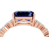Rose gold Emerald Cut Blue Sapphire Scattered Round Accent Ring with Prong Setting_16