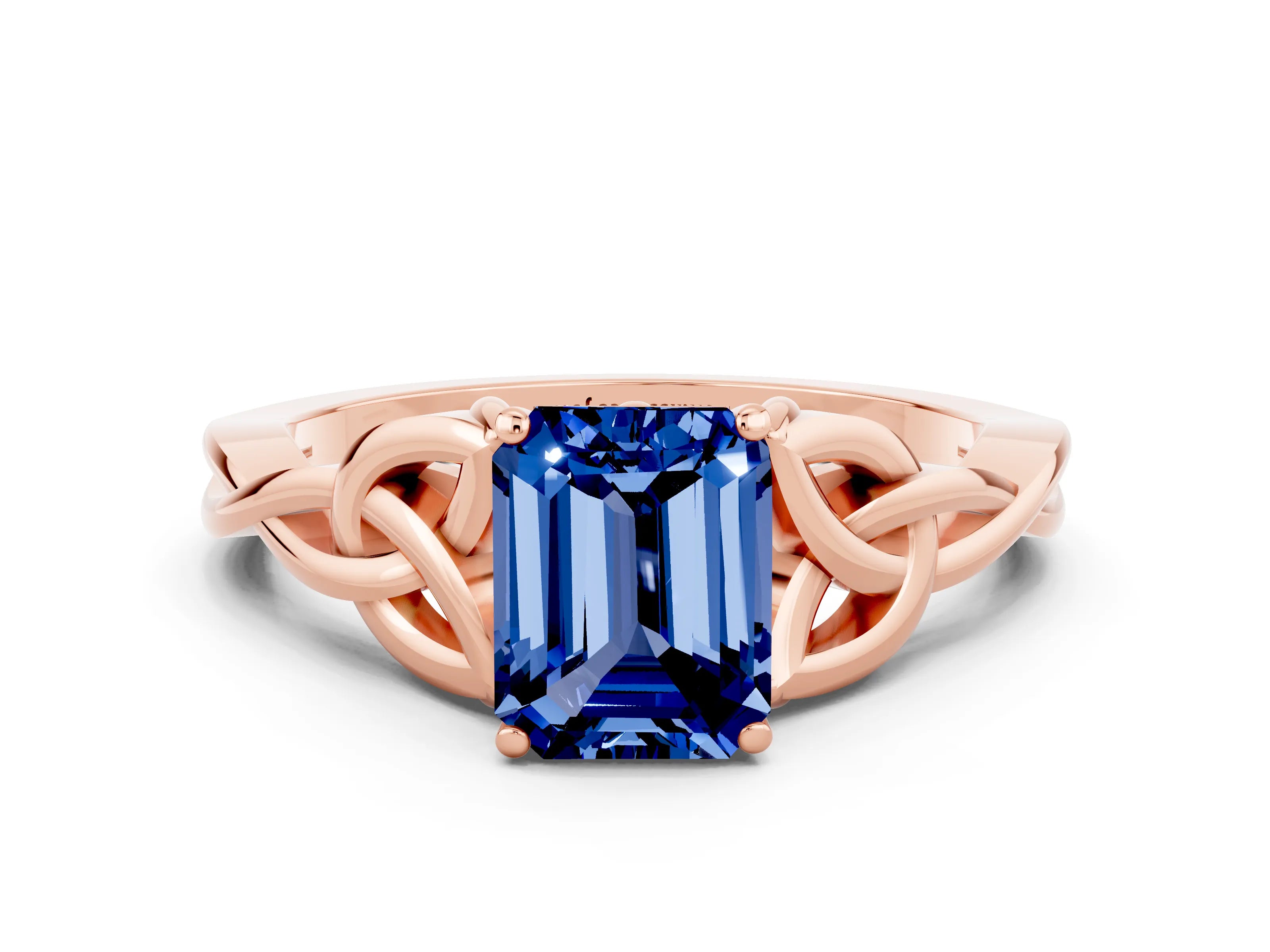 Rose gold Emerald Cut Blue Sapphire Solitaire Celtic Knot Ring with Four-Prong Setting_12