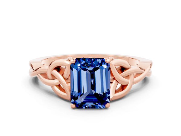 Rose gold Emerald Cut Blue Sapphire Solitaire Celtic Knot Ring with Four-Prong Setting