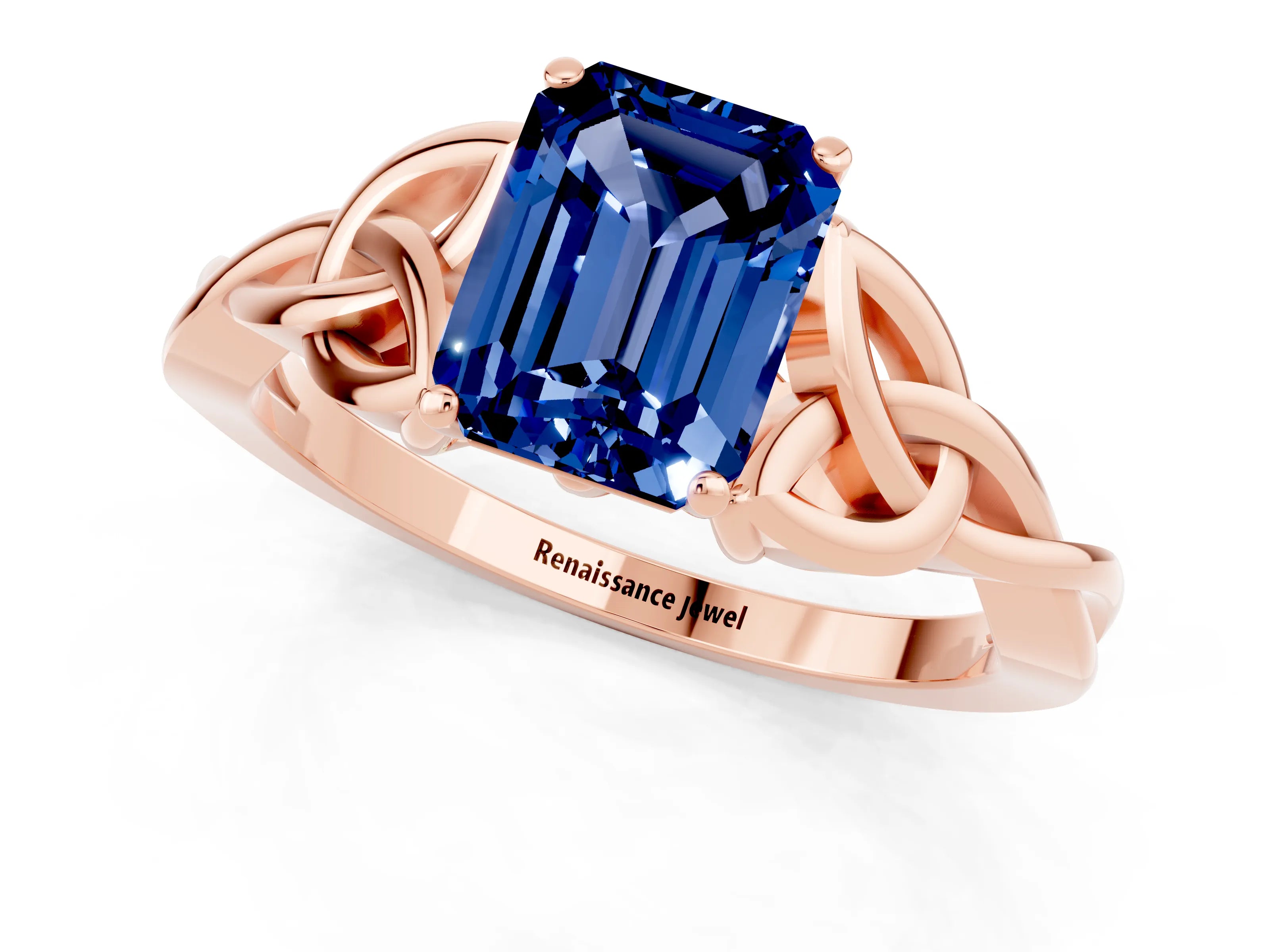 Rose gold Emerald Cut Blue Sapphire Solitaire Celtic Knot Ring with Four-Prong Setting_13