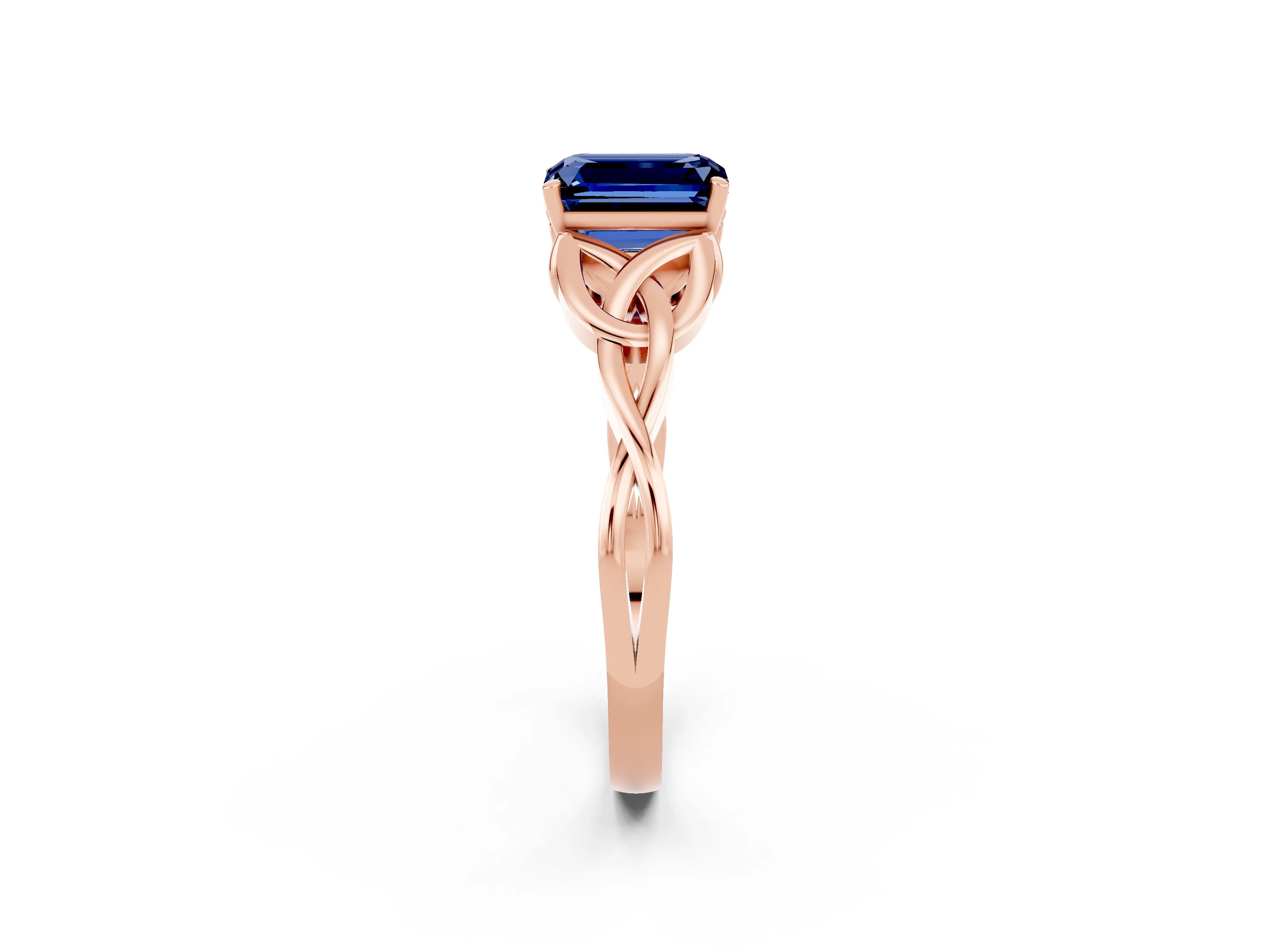 Rose gold Emerald Cut Blue Sapphire Solitaire Celtic Knot Ring with Four-Prong Setting_14