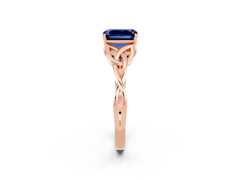 Rose gold Emerald Cut Blue Sapphire Solitaire Celtic Knot Ring with Four-Prong Setting_14