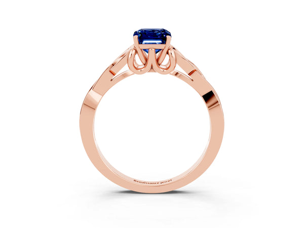 Rose gold Emerald Cut Blue Sapphire Solitaire Celtic Knot Ring with Four-Prong Setting
