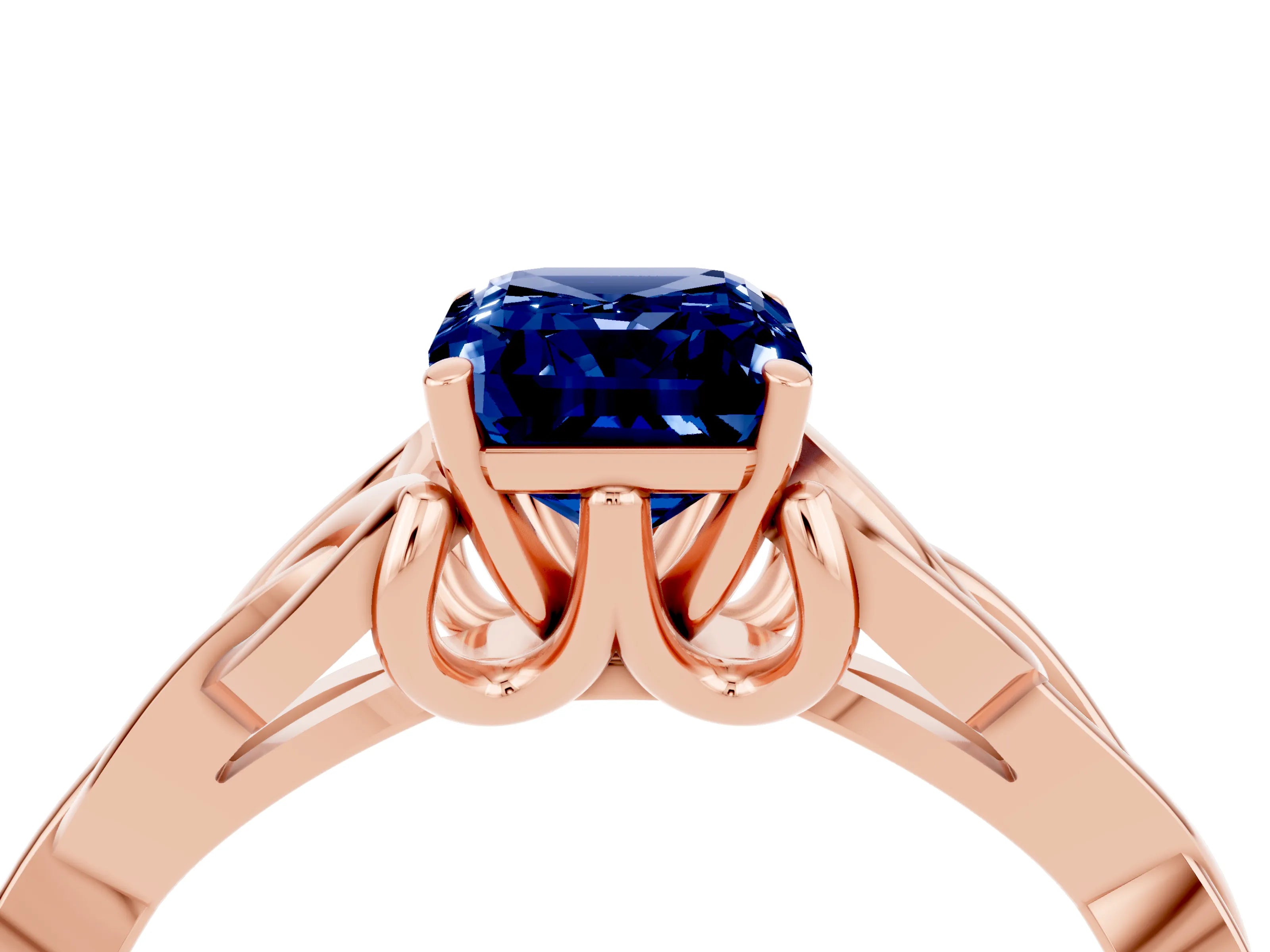 Rose gold Emerald Cut Blue Sapphire Solitaire Celtic Knot Ring with Four-Prong Setting_16