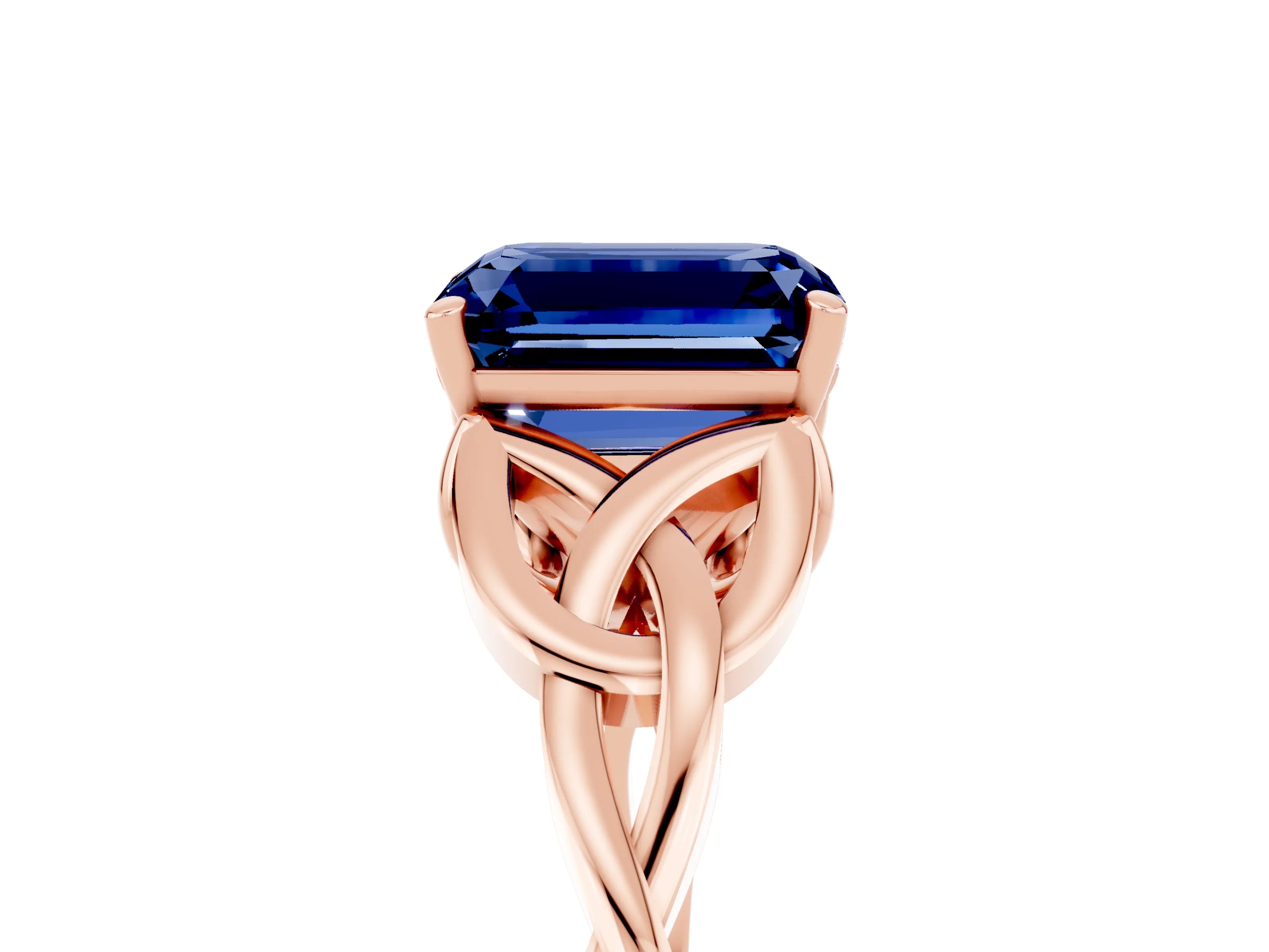 Rose gold Emerald Cut Blue Sapphire Solitaire Celtic Knot Ring with Four-Prong Setting_17