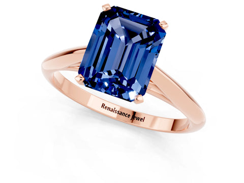 Rose gold Emerald Cut Blue Sapphire Solitaire Engagement Ring with Cathedral Setting and Four-Prong Mount_13