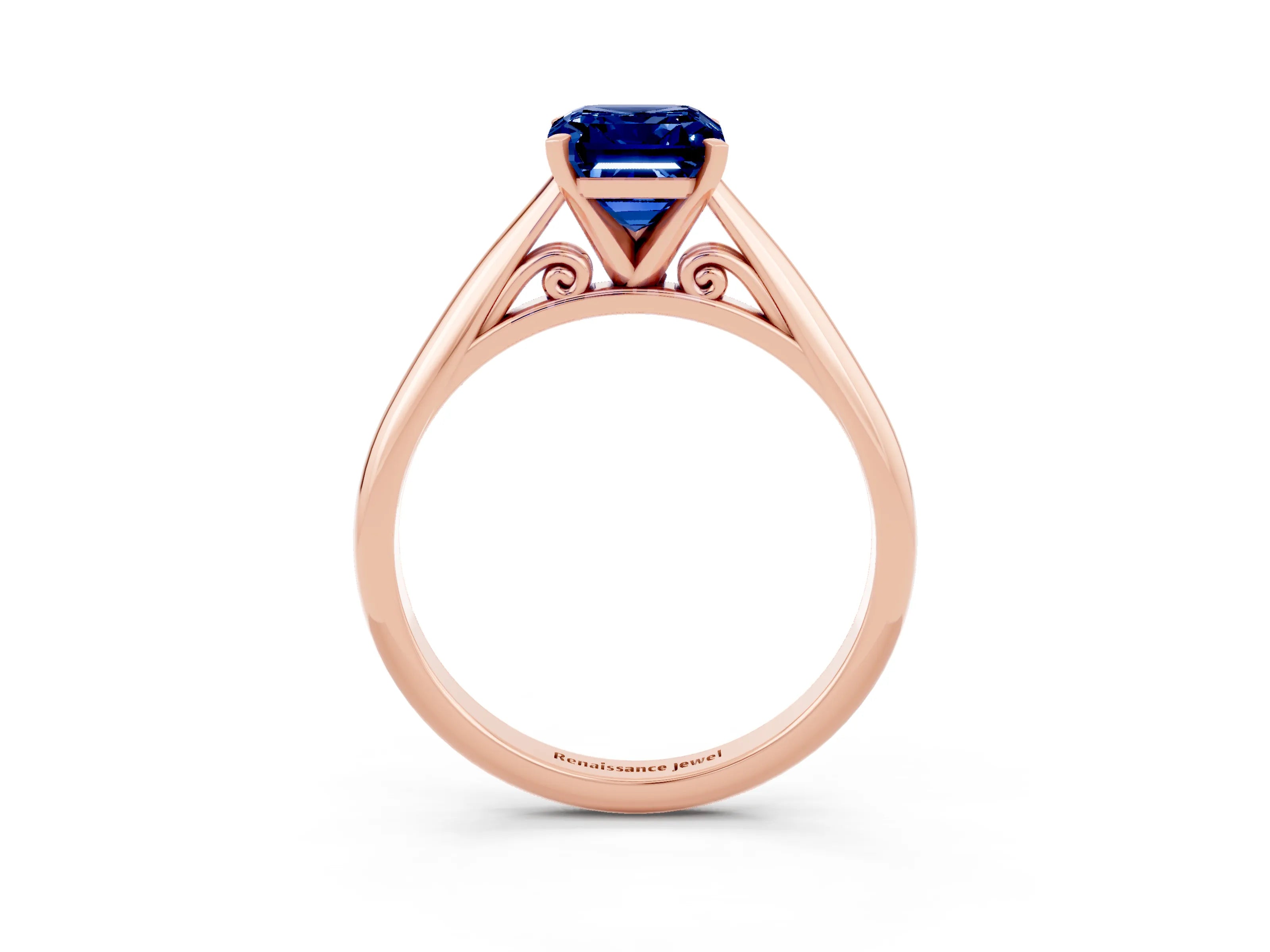 Rose gold Emerald Cut Blue Sapphire Solitaire Engagement Ring with Cathedral Setting and Four-Prong Mount_15