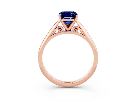 Rose gold Emerald Cut Blue Sapphire Solitaire Engagement Ring with Cathedral Setting and Four-Prong Mount_15