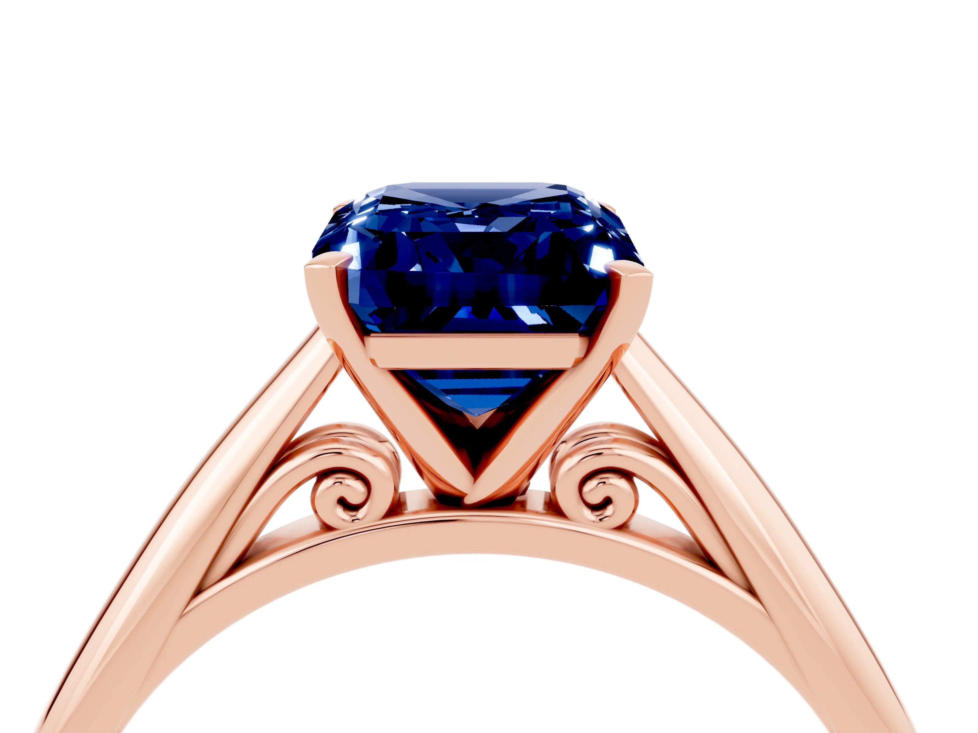 Rose gold Emerald Cut Blue Sapphire Solitaire Engagement Ring with Cathedral Setting and Four-Prong Mount_16