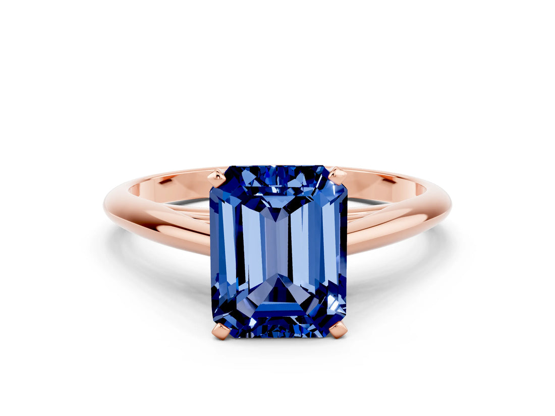 Rose gold Emerald Cut Blue Sapphire Solitaire Engagement Ring with Cathedral Setting and Four-Prong Mount_66