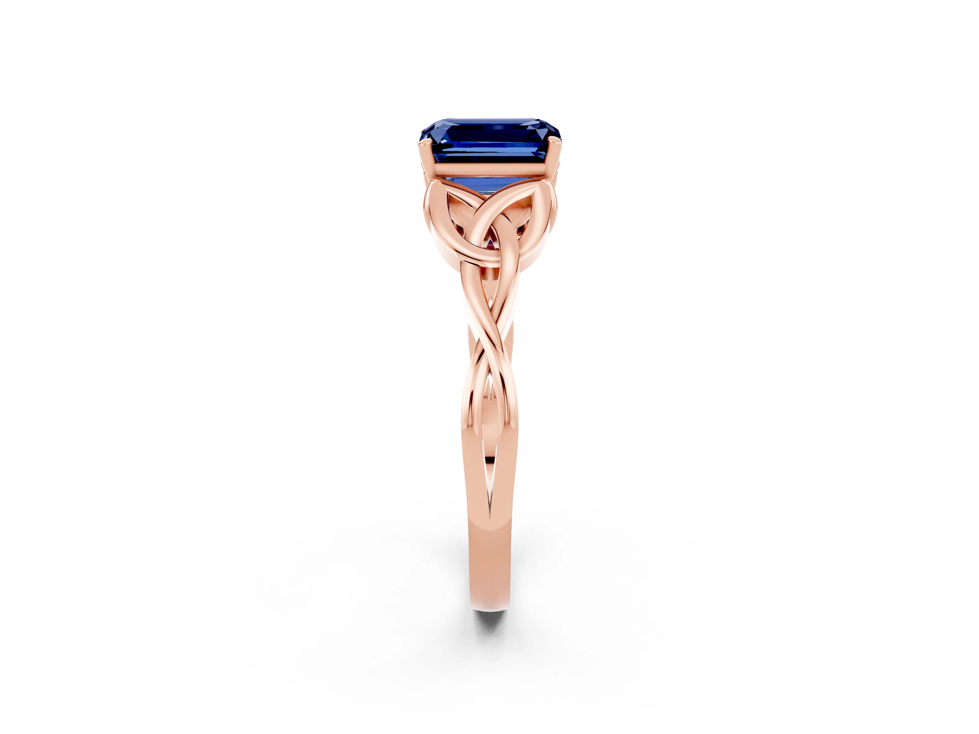 Rose gold Emerald Cut Blue Sapphire Solitaire Engagement Ring with Celtic Knot Band and Four-Prong Setting_2