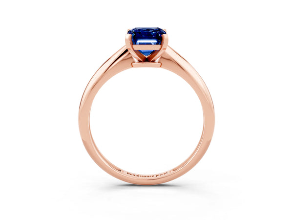 Rose gold Emerald Cut Blue Sapphire Solitaire Engagement Ring with Classic Band and Four-Prong Setting