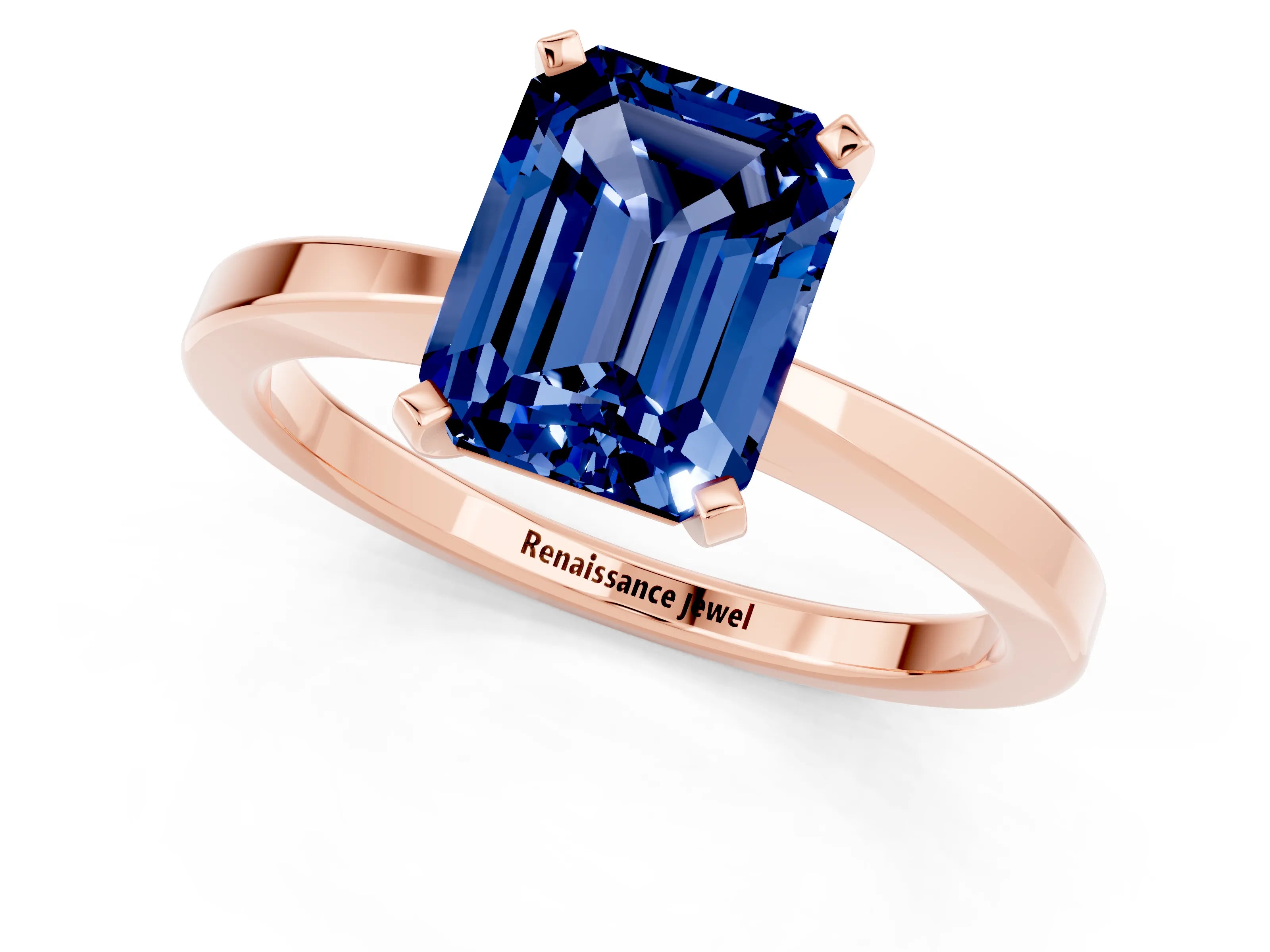 Rose gold Emerald Cut Blue Sapphire Solitaire Engagement Ring with Classic Band and Four-Prong Setting_25