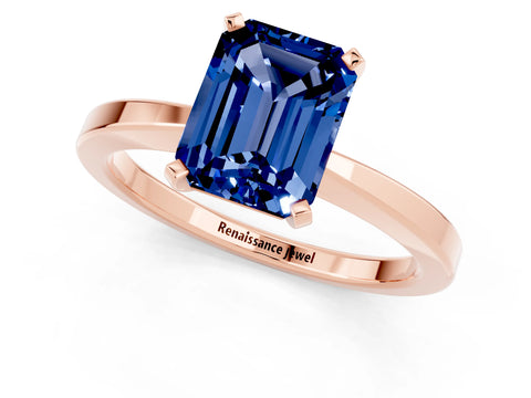 Rose gold Emerald Cut Blue Sapphire Solitaire Engagement Ring with Classic Band and Four-Prong Setting_25