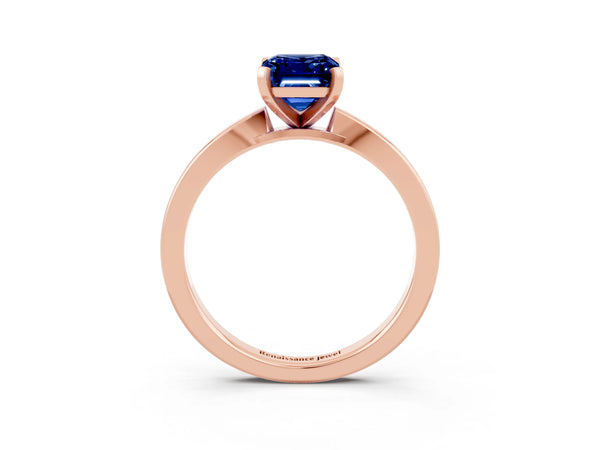 Rose gold Emerald Cut Blue Sapphire Solitaire Engagement Ring with Classic Band and Four-Prong Setting
