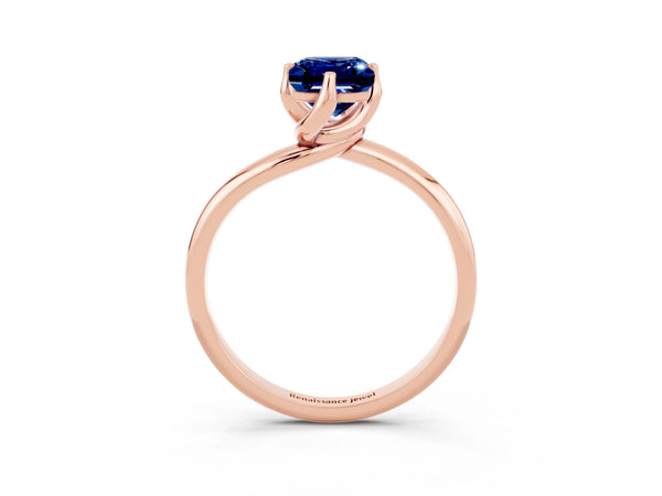 Rose gold Emerald Cut Blue Sapphire Solitaire Engagement Ring with Four-Prong Setting and Classic Band