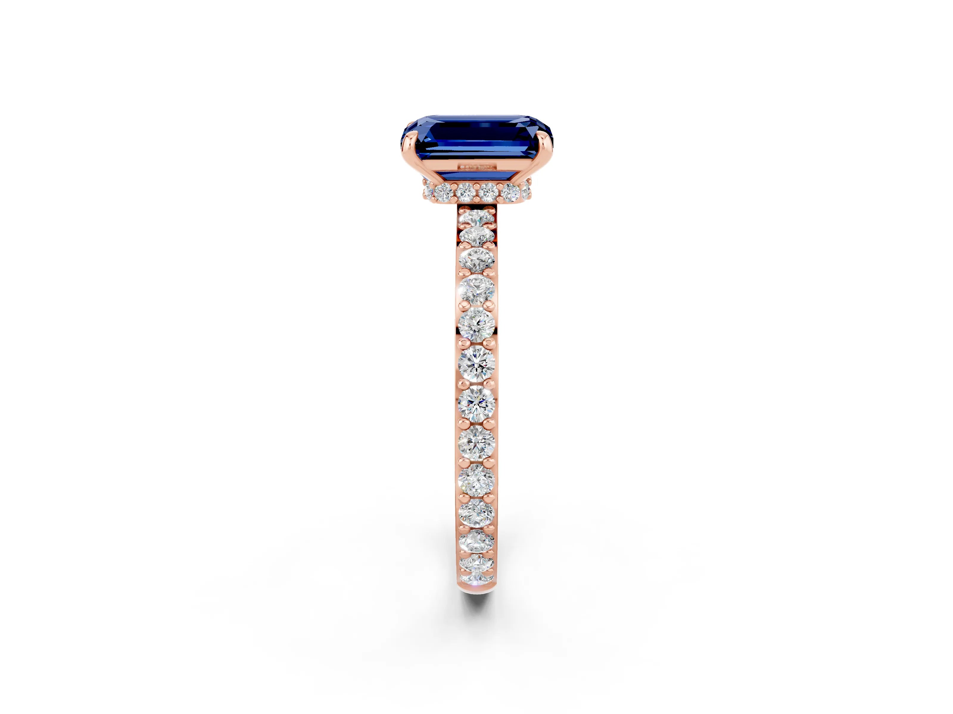 Rose gold Emerald Cut Blue Sapphire Solitaire Engagement Ring with Pavé Band and Four-Prong Setting_2
