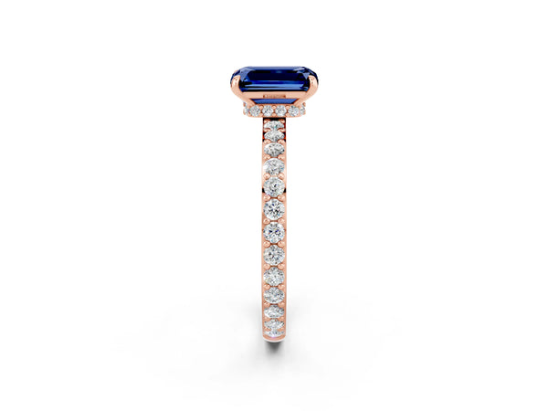 Rose gold Emerald Cut Blue Sapphire Solitaire Engagement Ring with Pavé Band and Four-Prong Setting