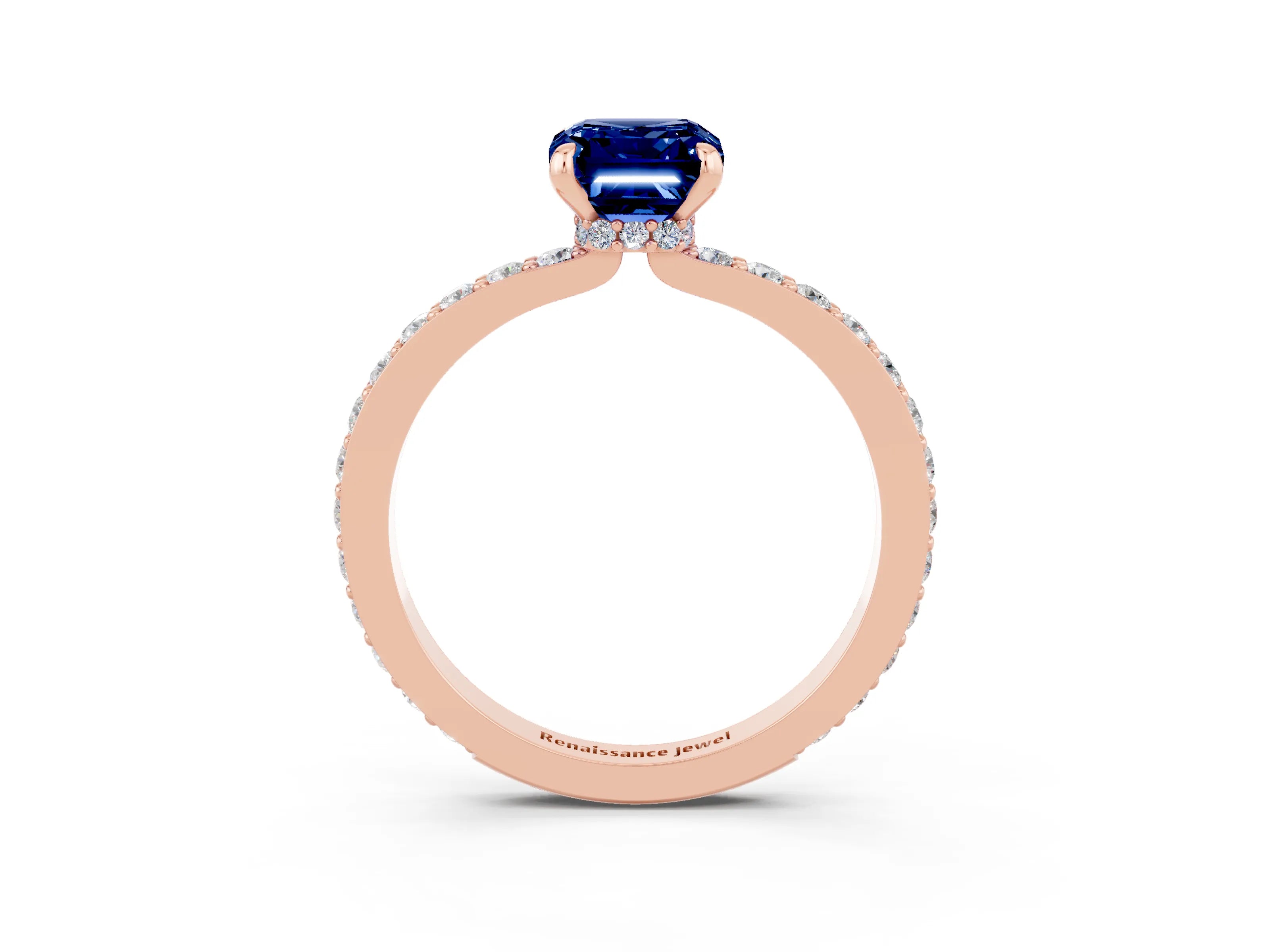Rose gold Emerald Cut Blue Sapphire Solitaire Engagement Ring with Pavé Band and Four-Prong Setting_3