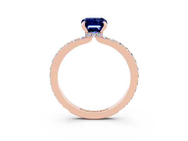 Rose gold Emerald Cut Blue Sapphire Solitaire Engagement Ring with Pavé Band and Four-Prong Setting