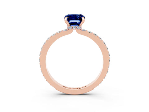 Rose gold Emerald Cut Blue Sapphire Solitaire Engagement Ring with Pavé Band and Four-Prong Setting_3