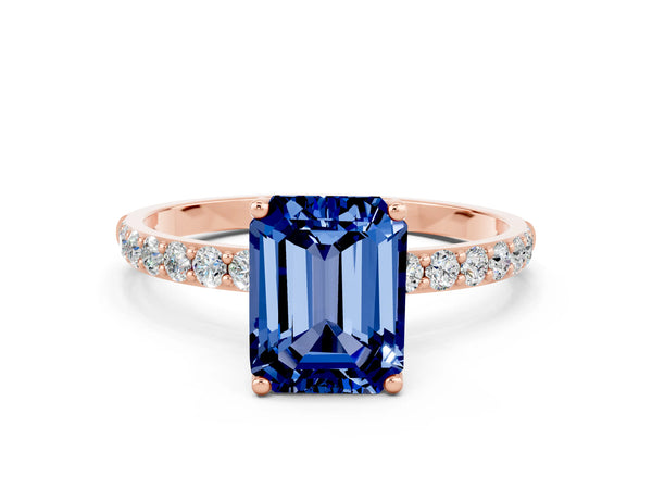 Rose gold Emerald Cut Blue Sapphire Solitaire Engagement Ring with Round  Pavé Band and Prong Setting