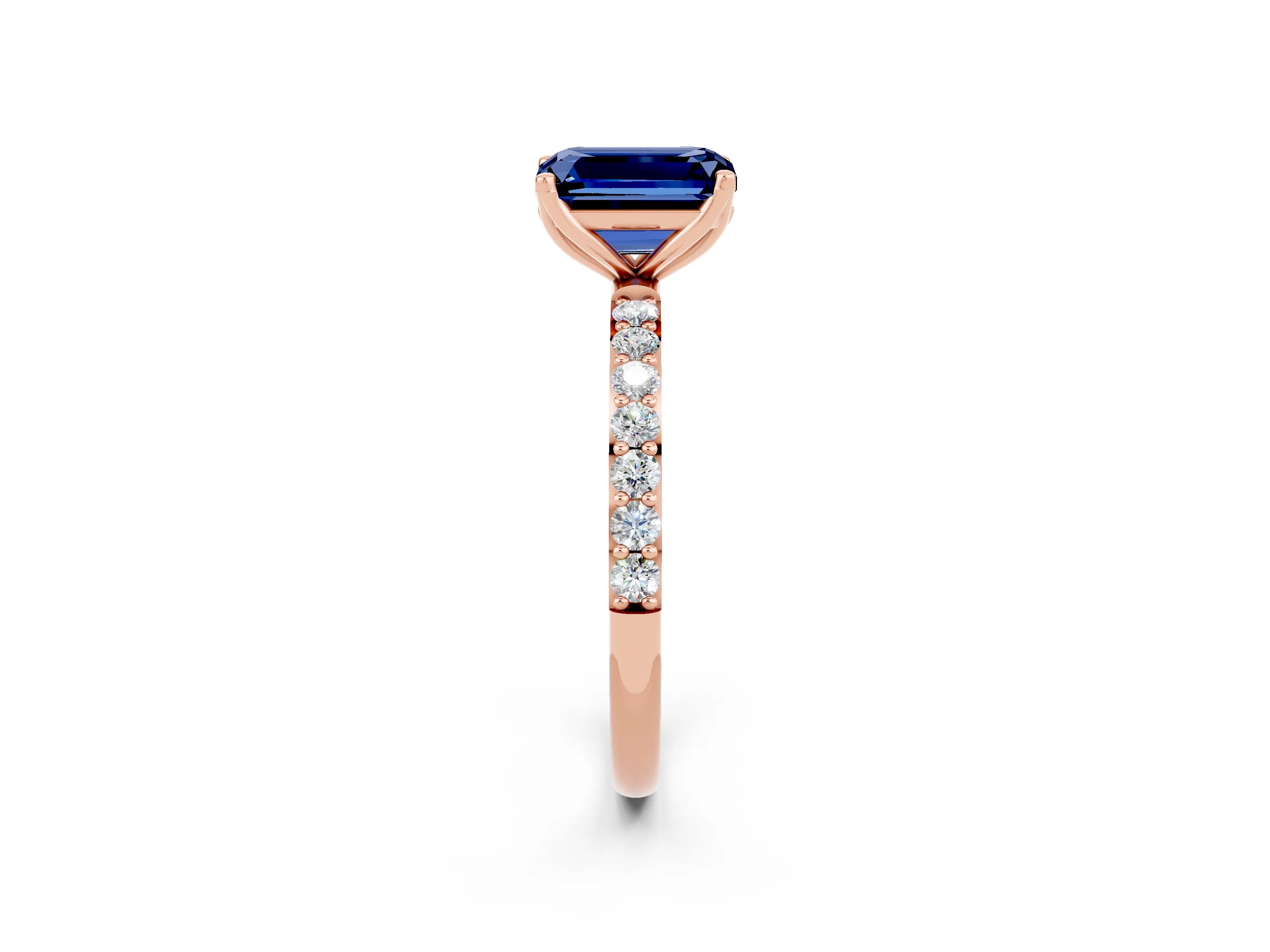Rose gold Emerald Cut Blue Sapphire Solitaire Engagement Ring with Pavé Band and Prong Setting_2