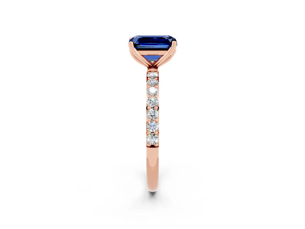 Rose gold Emerald Cut Blue Sapphire Solitaire Engagement Ring with Round  Pavé Band and Prong Setting