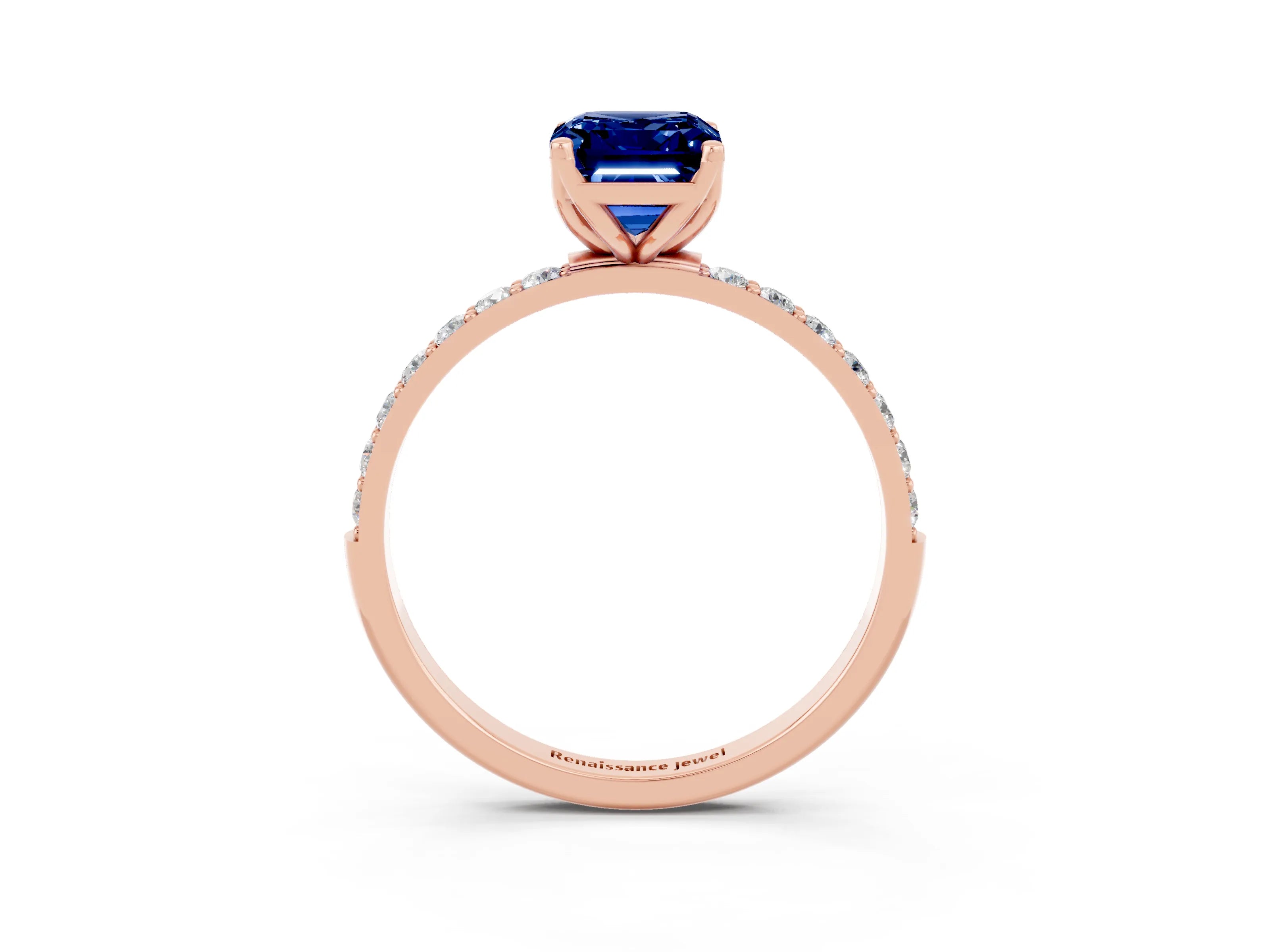 Rose gold Emerald Cut Blue Sapphire Solitaire Engagement Ring with Pavé Band and Prong Setting_3
