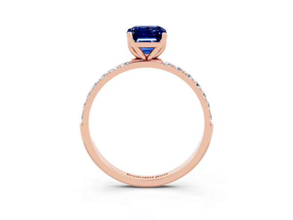 Rose gold Emerald Cut Blue Sapphire Solitaire Engagement Ring with Round  Pavé Band and Prong Setting