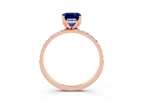 Rose gold Emerald Cut Blue Sapphire Solitaire Engagement Ring with Pavé Band and Prong Setting_3