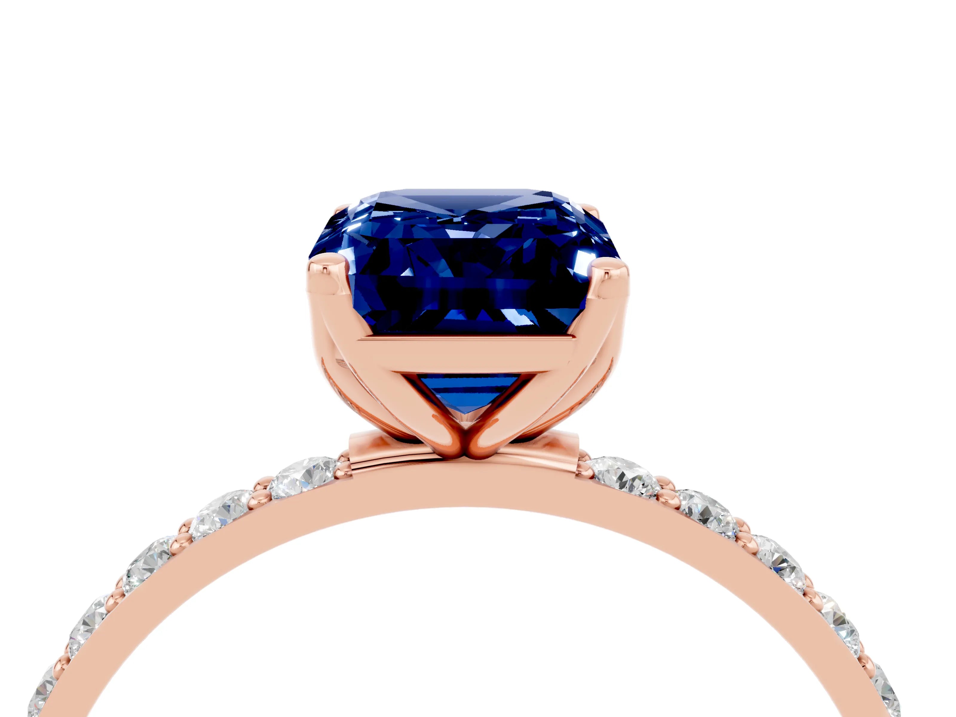 Rose gold Emerald Cut Blue Sapphire Solitaire Engagement Ring with Pavé Band and Prong Setting_4