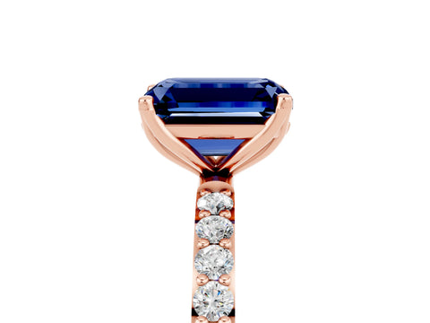Rose gold Emerald Cut Blue Sapphire Solitaire Engagement Ring with Pavé Band and Prong Setting_5