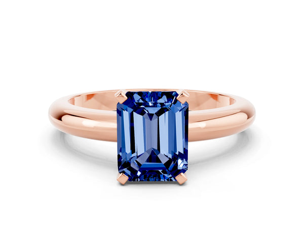 Rose gold Emerald Cut Blue Sapphire Solitaire Engagement Ring with Round Band and Four-Prong Setting