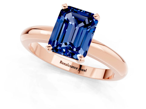Rose gold Emerald Cut Blue Sapphire Solitaire Engagement Ring with Round Band and Four-Prong Setting_1