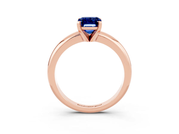 Rose gold Emerald Cut Blue Sapphire Solitaire Engagement Ring with Round Band and Four-Prong Setting