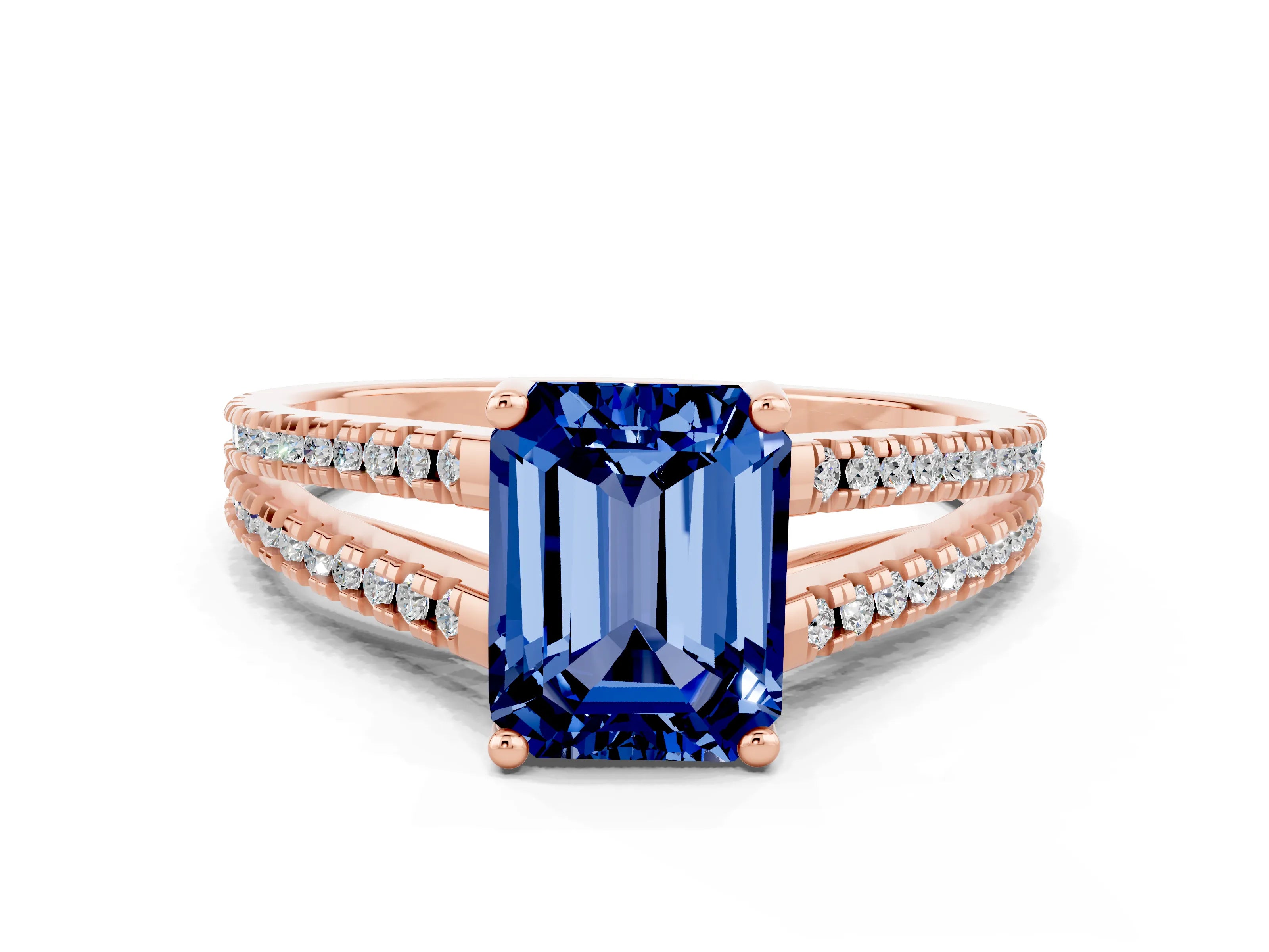 Rose gold Emerald Cut Blue Sapphire Solitaire Engagement Ring with Split Shank Pavé Band
