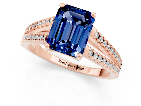 Rose gold Emerald Cut Blue Sapphire Solitaire Engagement Ring with Split Shank Pavé Band_1