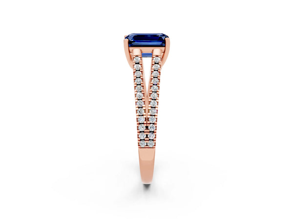 Rose gold Emerald Cut Blue Sapphire Solitaire Engagement Ring with Split Shank Pavé Band