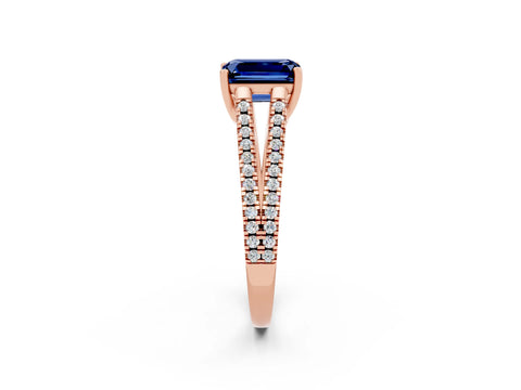 Rose gold Emerald Cut Blue Sapphire Solitaire Engagement Ring with Split Shank Pavé Band_2